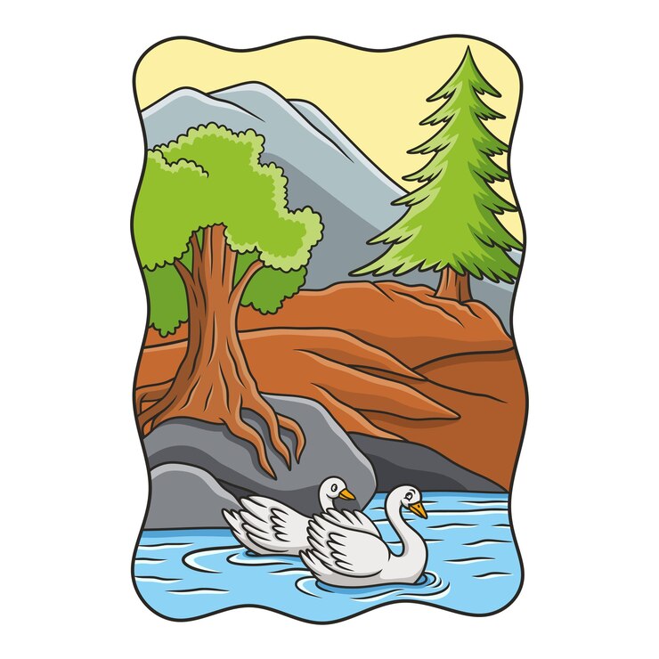 Vetor ilustração dos desenhos animados dois cisnes estão nadando no rio no meio da floresta sob uma grande árvore