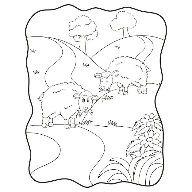 Ilustração dos desenhos animados: duas ovelhas comendo grama no livro ou página para crianças em preto e branco