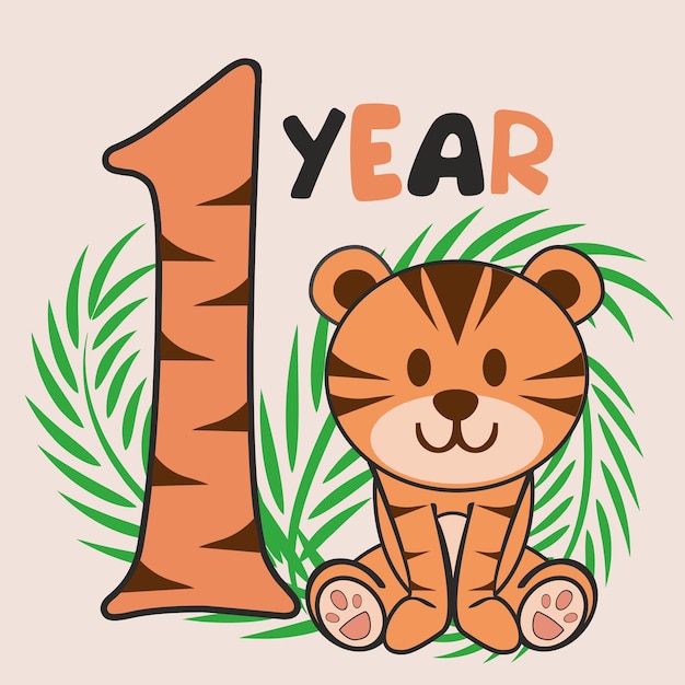 Ilustração dos desenhos animados feliz aniversário, 1 ano, filhote de tigre fofo. ilustração vetorial.