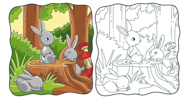 Ilustração dos desenhos animados: o coelho está no meio do livro da floresta ou da página para crianças