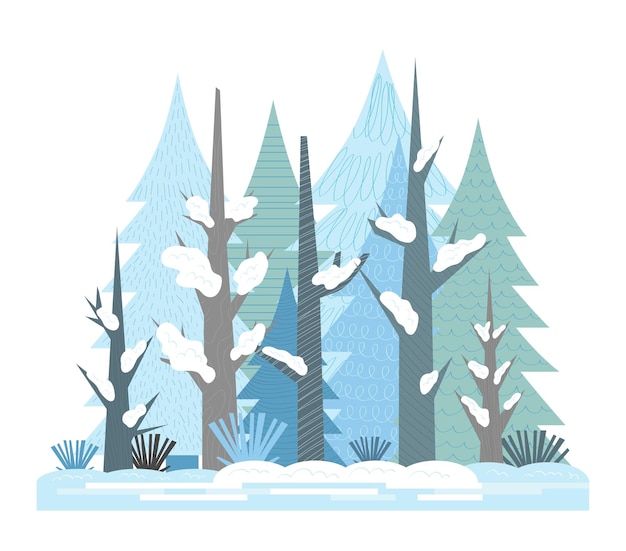 Ilustração dos desenhos animados para crianças paisagem de neve de floresta de coníferas mista de inverno plano em um dia ensolarado