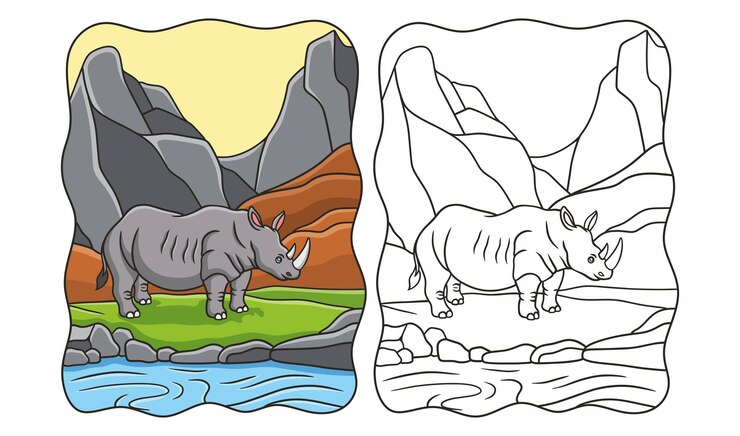 Vetor ilustração dos desenhos animados rhino andando pelo rio no meio da floresta sob um livro ou página de penhasco de pedra alta para crianças