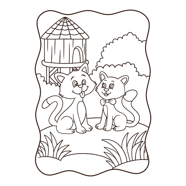 Ilustração dos desenhos animados um casal de gatos fazendo amor no livro de jardim ou página para crianças em preto e branco