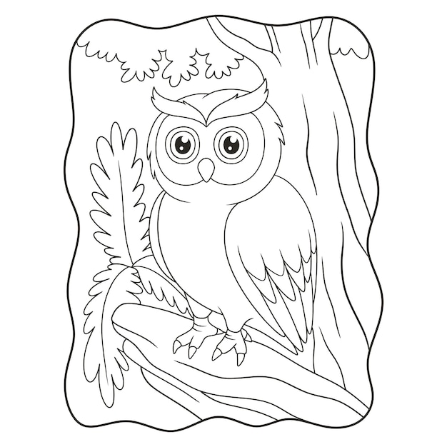 Ilustração dos desenhos animados uma coruja empoleirada friamente em um tronco de árvore caído no meio do livro ou página da floresta para crianças preto e branco