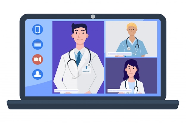 Ilustração dos doutores e da enfermeira na videoconferência no laptop.