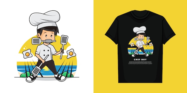 Ilustração e modelo de design de camiseta de chef bonito menino está fazendo o ovo frito cozinhar ação usando três espátulas
