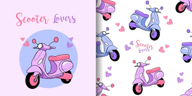 Vetor ilustração e padrão bonito de scooters