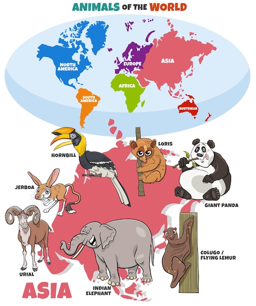 Ilustração educacional com animais asiáticos de desenho animado e mapa do mundo