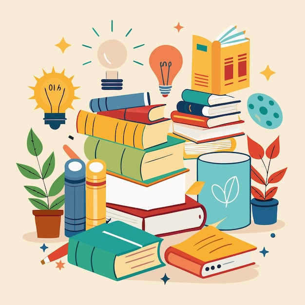 Ilustração educacional criativa e colorida com livros e materiais escolares