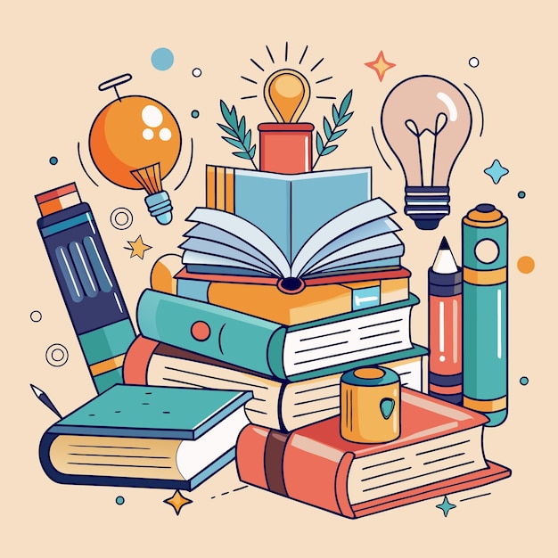 Ilustração educacional criativa e colorida com livros e materiais escolares