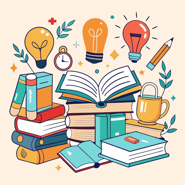 Ilustração educacional criativa e colorida com livros e materiais escolares