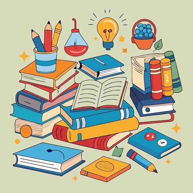 Ilustração educacional criativa e colorida com livros e materiais escolares