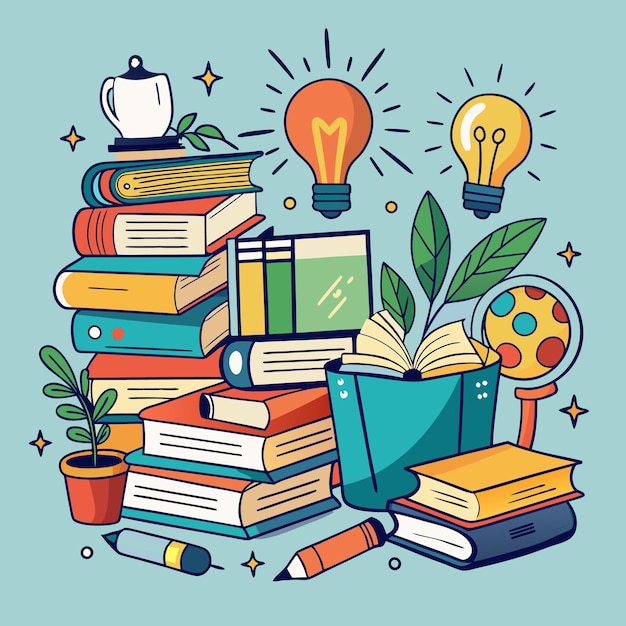 Ilustração educacional criativa e colorida com livros e materiais escolares
