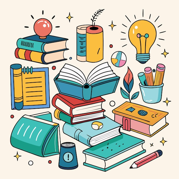 Ilustração educacional criativa e colorida com livros e materiais escolares