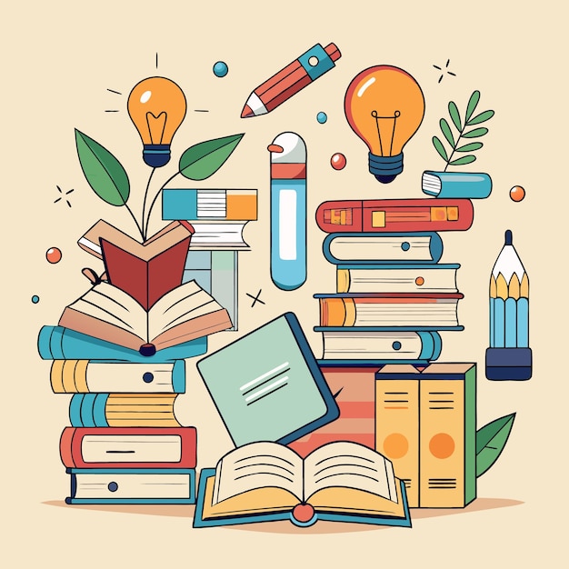 Ilustração educacional criativa e colorida com livros e materiais escolares