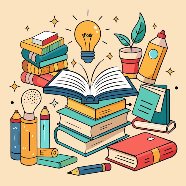Ilustração educacional criativa e colorida com livros e materiais escolares