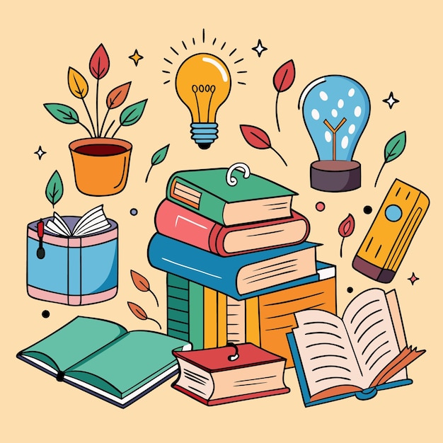 Ilustração educacional criativa e colorida com livros e materiais escolares