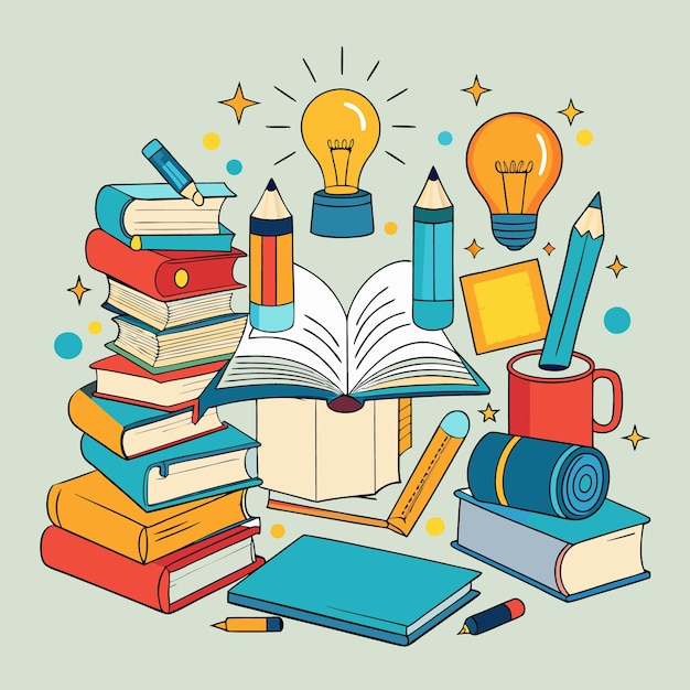 Ilustração educacional criativa e colorida com livros e materiais escolares