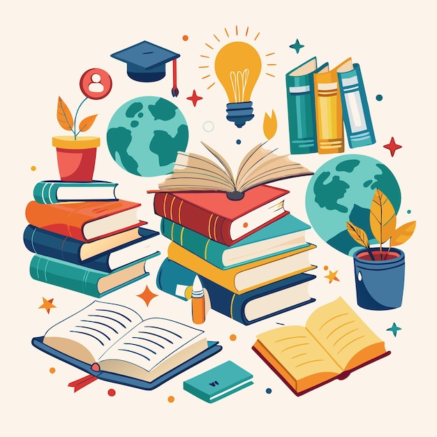 Ilustração educacional criativa e colorida com livros e materiais escolares