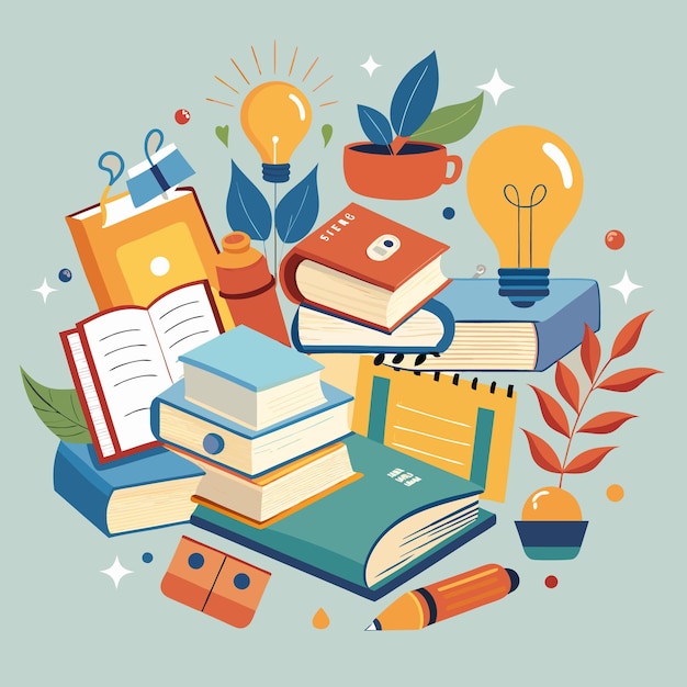 Ilustração educacional criativa e colorida com livros e materiais escolares