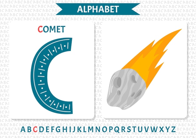 Ilustração educacional dos desenhos animados da letra c do alfabeto com cometa