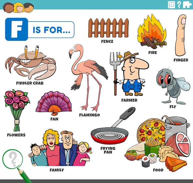 Ilustração educacional dos desenhos animados para crianças com personagens e objetos definidos para a letra f