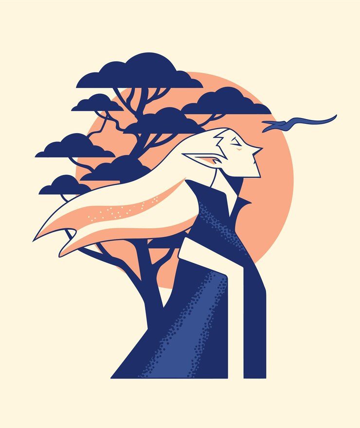 Vetor ilustração elegante de uma figura mística na natureza com um belo fundo de pôr-do-sol