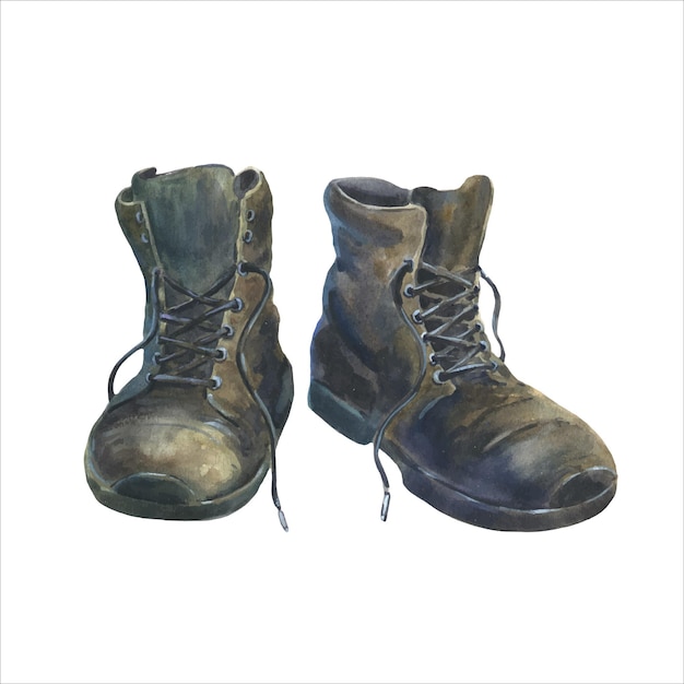 Vetor ilustração em aquarela botas pretas vintage para caminhadas sapato de proteção do exército militar clipart criativo desenhado à mão para cartão de loja adesivo papel de parede caderno de desenho