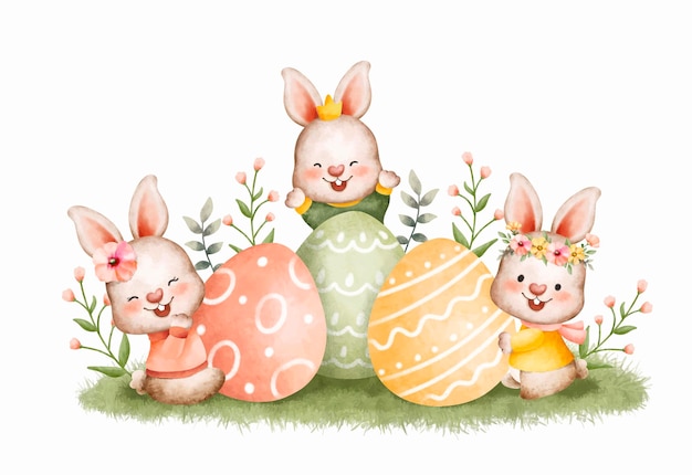 Vetor ilustração em aquarela coelho de páscoa e ovo de páscoa