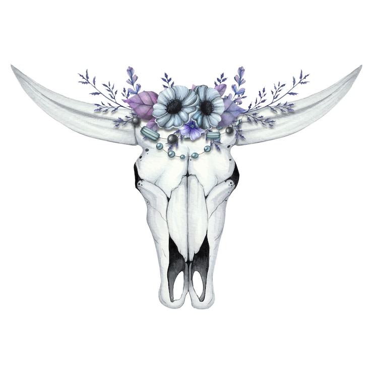 Vetor ilustração em aquarela com crânio de búfalo e coroa de flores