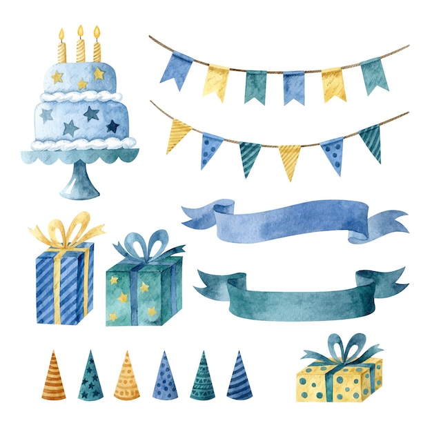 Ilustração em aquarela com decorações de aniversário isoladas no fundo branco