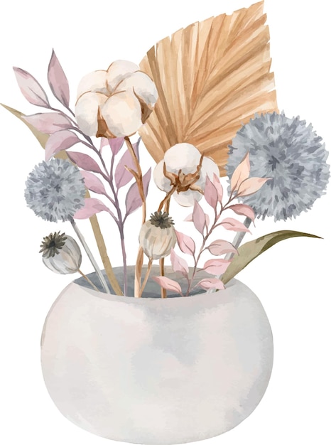 Vetor ilustração em aquarela com flores secas flores secas em um vaso em um fundo transparente