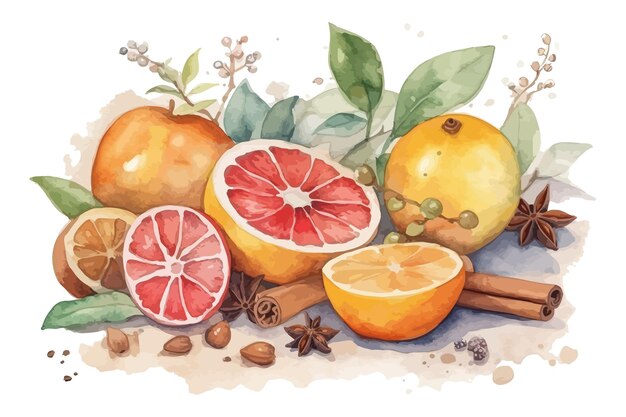 Vetor ilustração em aquarela com laranja e especiarias com fundo de natal