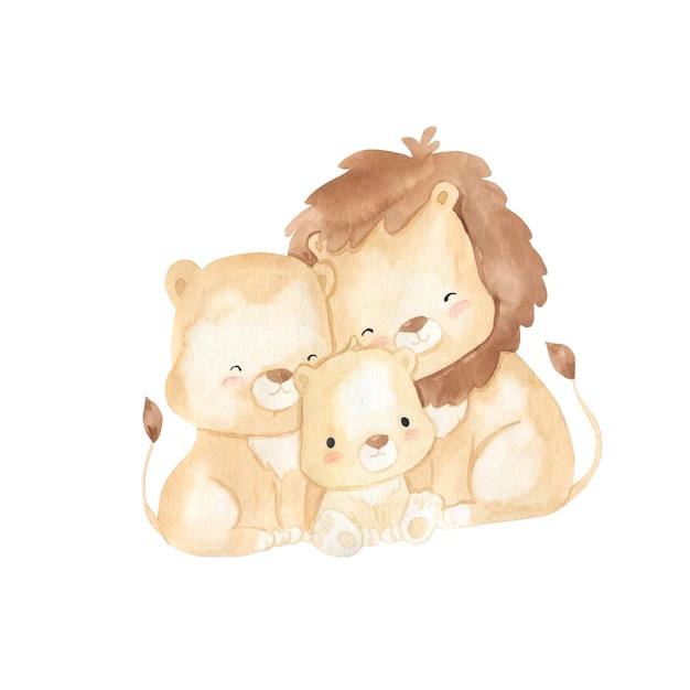 Ilustração em aquarela da família leão para crianças