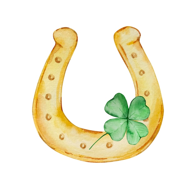 Ilustração em aquarela da ferradura dourada do St Patricks Day com cloverxAxA