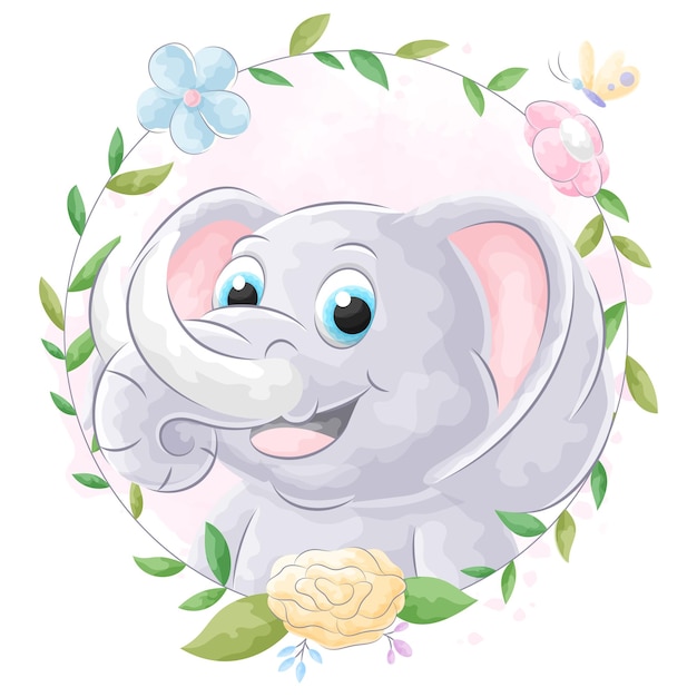 Ilustração em aquarela de animais de desenho animado de elefante e flora fofos