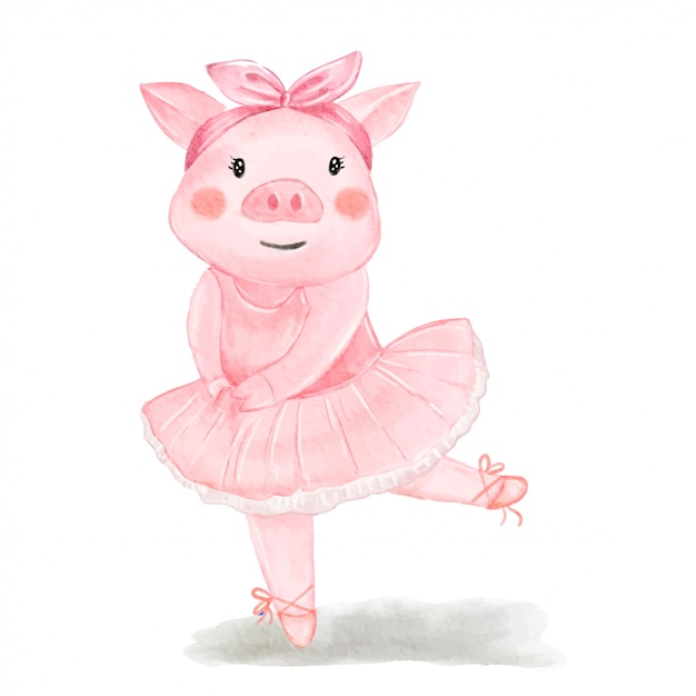 Ilustração em aquarela de bailarina porco bonito