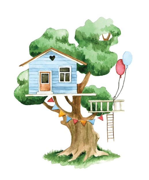 Ilustração em aquarela de casa na árvore infantil fofa em casa na árvore de clipart estilo cartoon