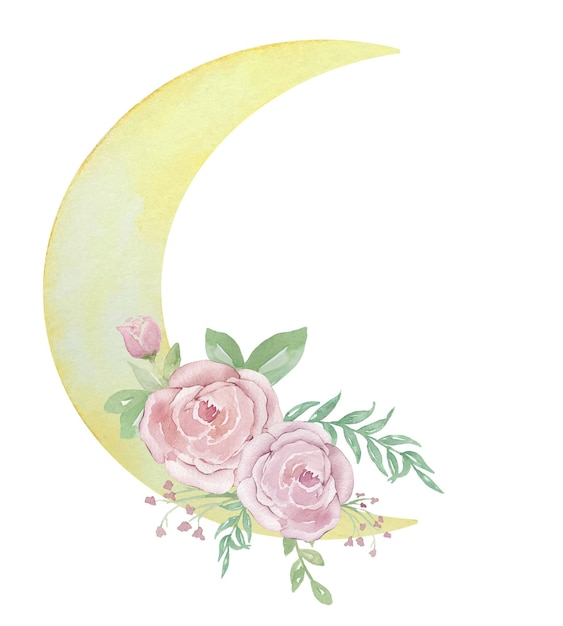 Vetor ilustração em aquarela de crescente amarelo com flores rosas cor de rosa e hortaliças lua crescente floral