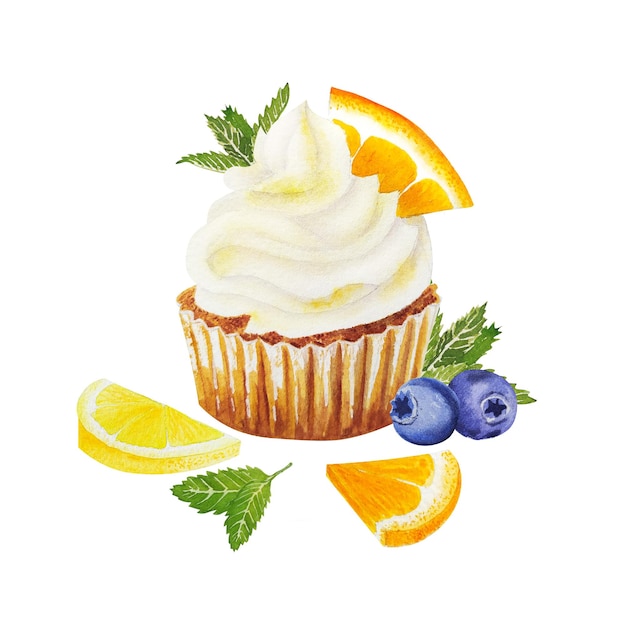 Ilustração em aquarela de cupcakes doces com frutas