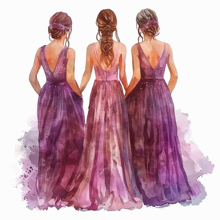 Vetor ilustração em aquarela de damas de honor em vestidos roxos