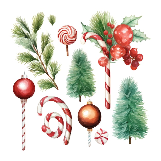 Ilustração em aquarela de decorações de elementos de Natal