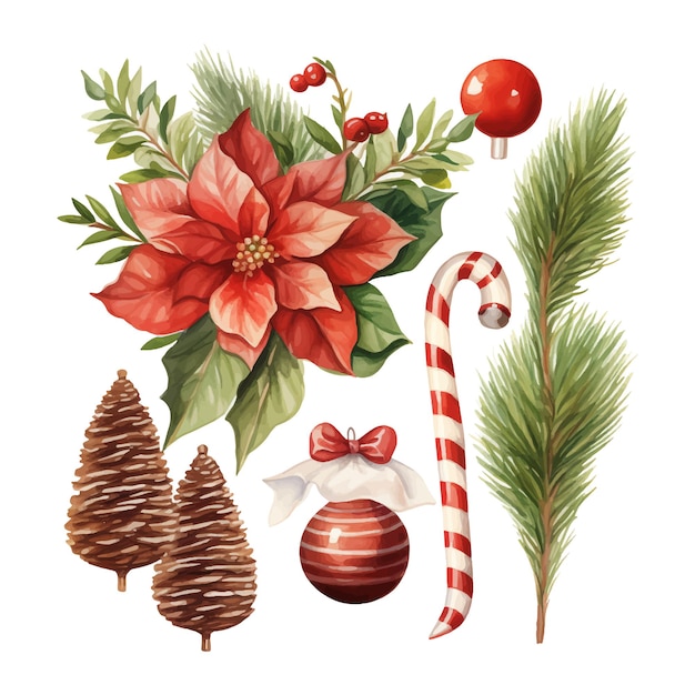 Ilustração em aquarela de decorações de elementos de Natal