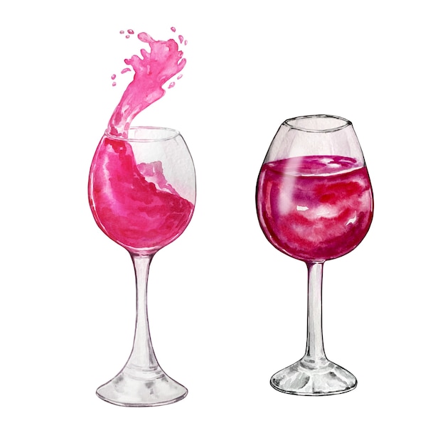 Ilustração em aquarela de dois copos com respingos de vinho tinto