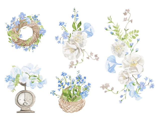 Ilustração em aquarela de flores da primavera em uma coroa de flores de cesta e buquê