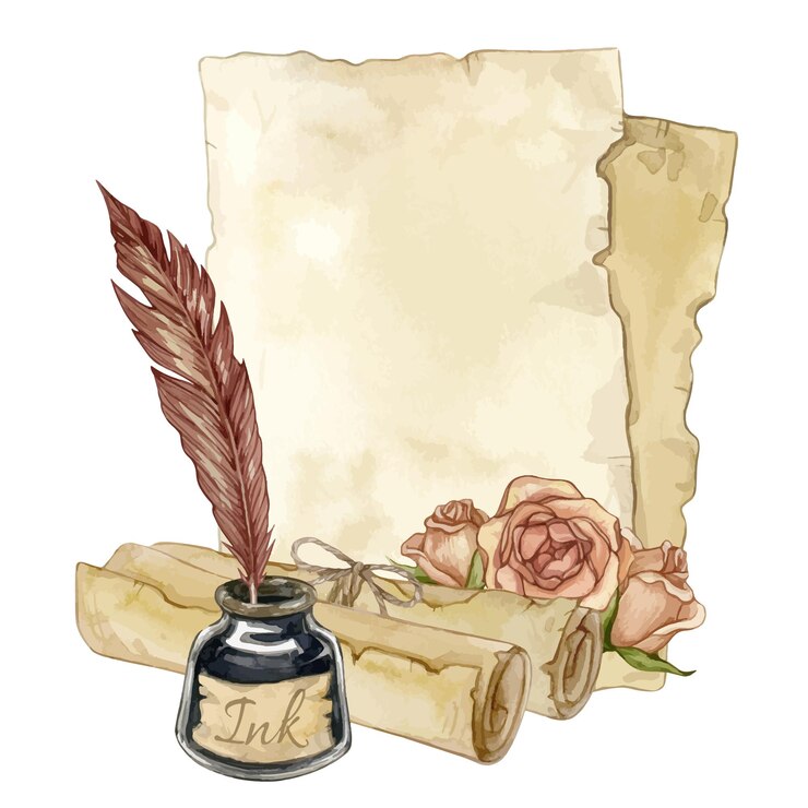 Vetor ilustração em aquarela de folhas de papel velhas rola caneta de pena e tinteiro isolado em branco