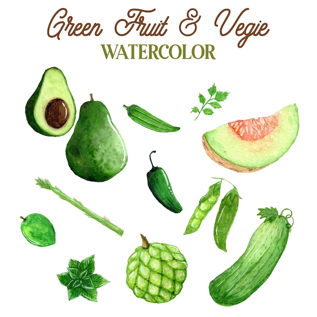 Ilustração em aquarela de frutas e vegetais verdes