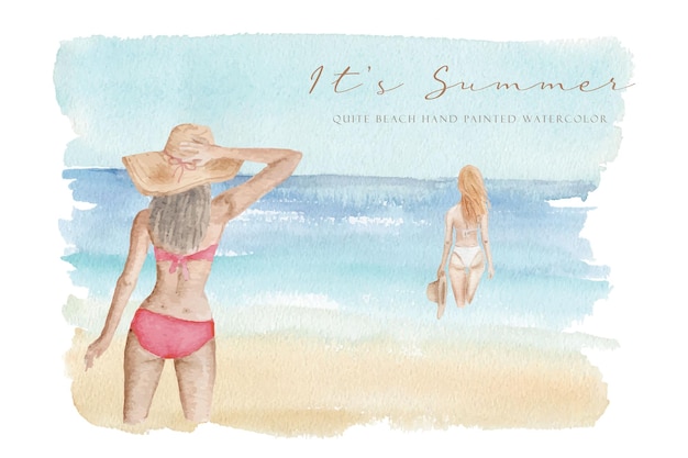 Ilustração em aquarela de meninas na praia à beira-mar