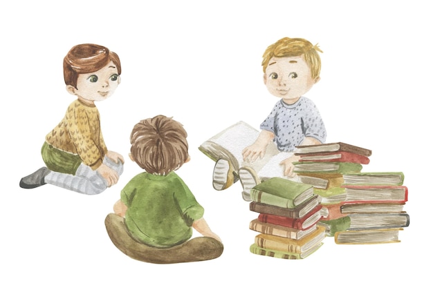 Ilustração em aquarela de meninos lendo livros