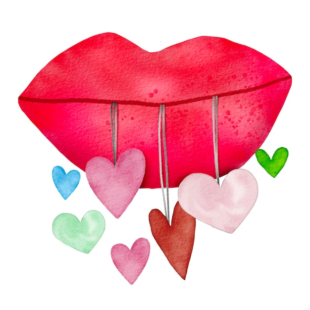 Ilustração em aquarela de objetos fofos de dia dos namorados lábios e coração de design de vetor de item fofo